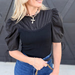 Clio Mixed Media Shirred Sleeve Top In Black - Infinity Raine