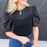 Clio Mixed Media Shirred Sleeve Top In Black - Infinity Raine