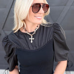 Clio Mixed Media Shirred Sleeve Top In Black - Infinity Raine