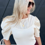 Clio Mixed Media Shirred Sleeve Top In Eggshell - Infinity Raine