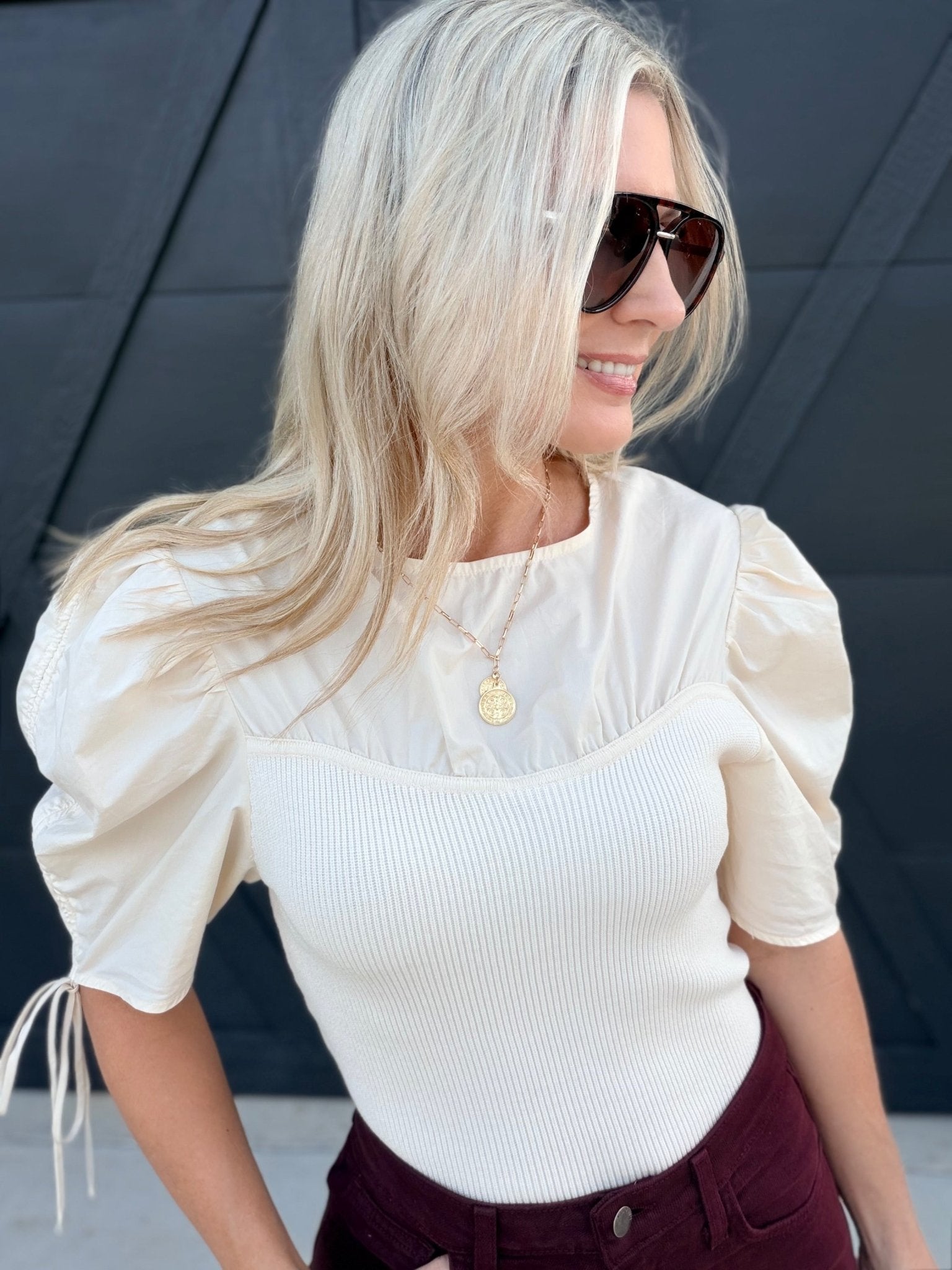 Clio Mixed Media Shirred Sleeve Top In Eggshell - Infinity Raine