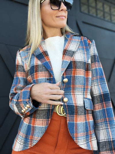 Faux Leather Patch Plaid Blazer-Blue/Orange - Infinity Raine