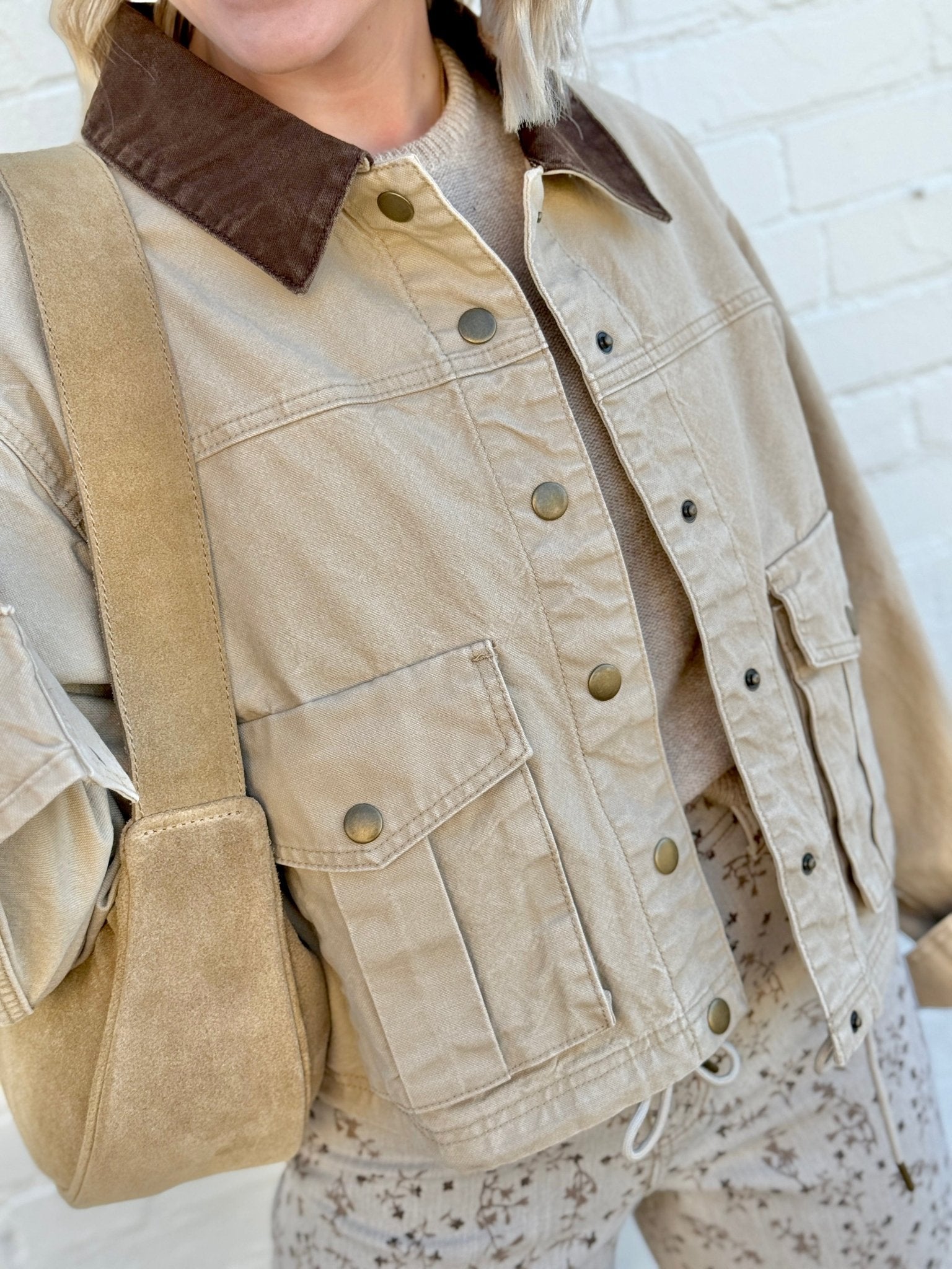 Collar Contrast Utility Jacket In Beige - Infinity Raine