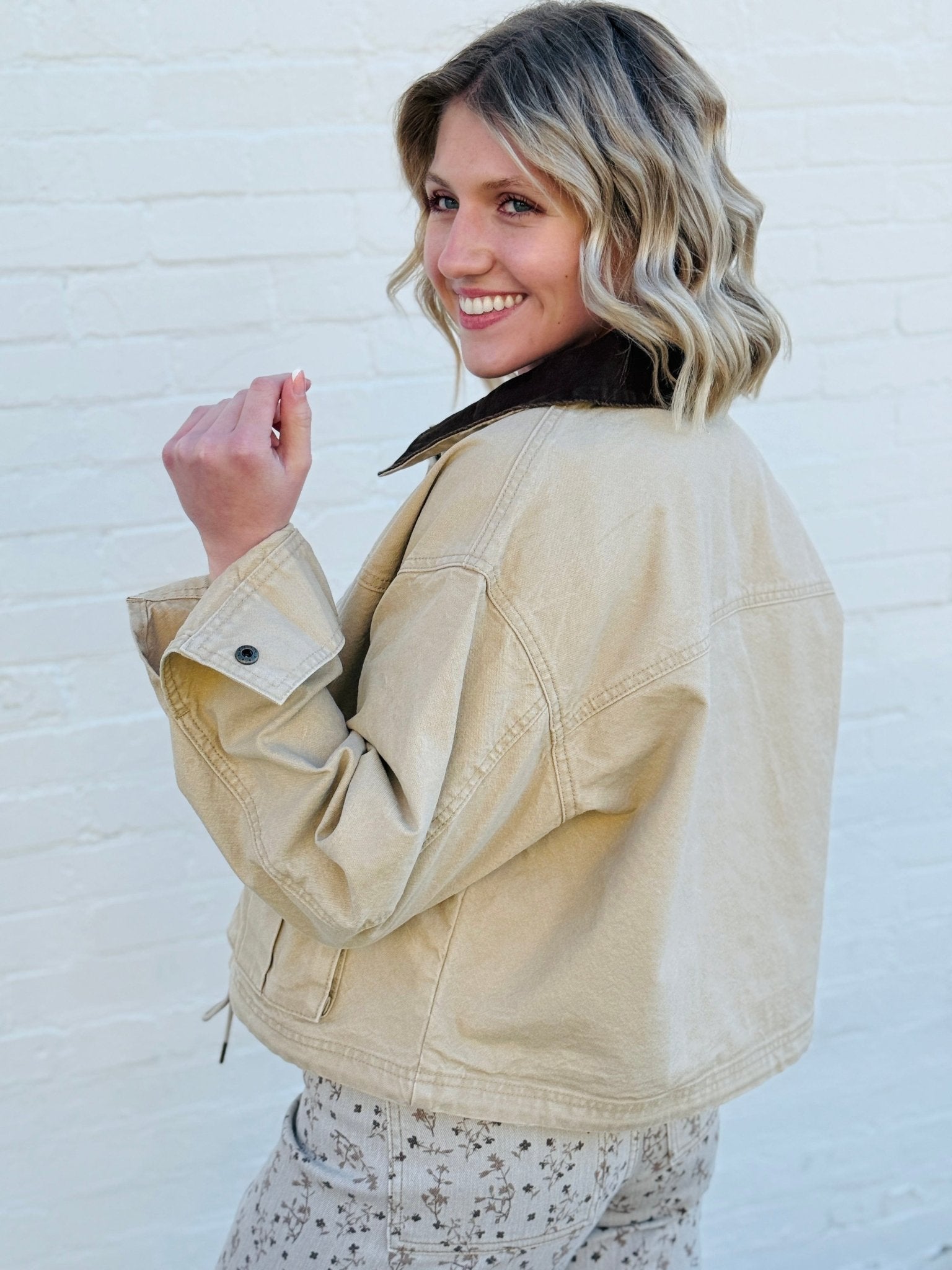 Collar Contrast Utility Jacket In Beige - Infinity Raine