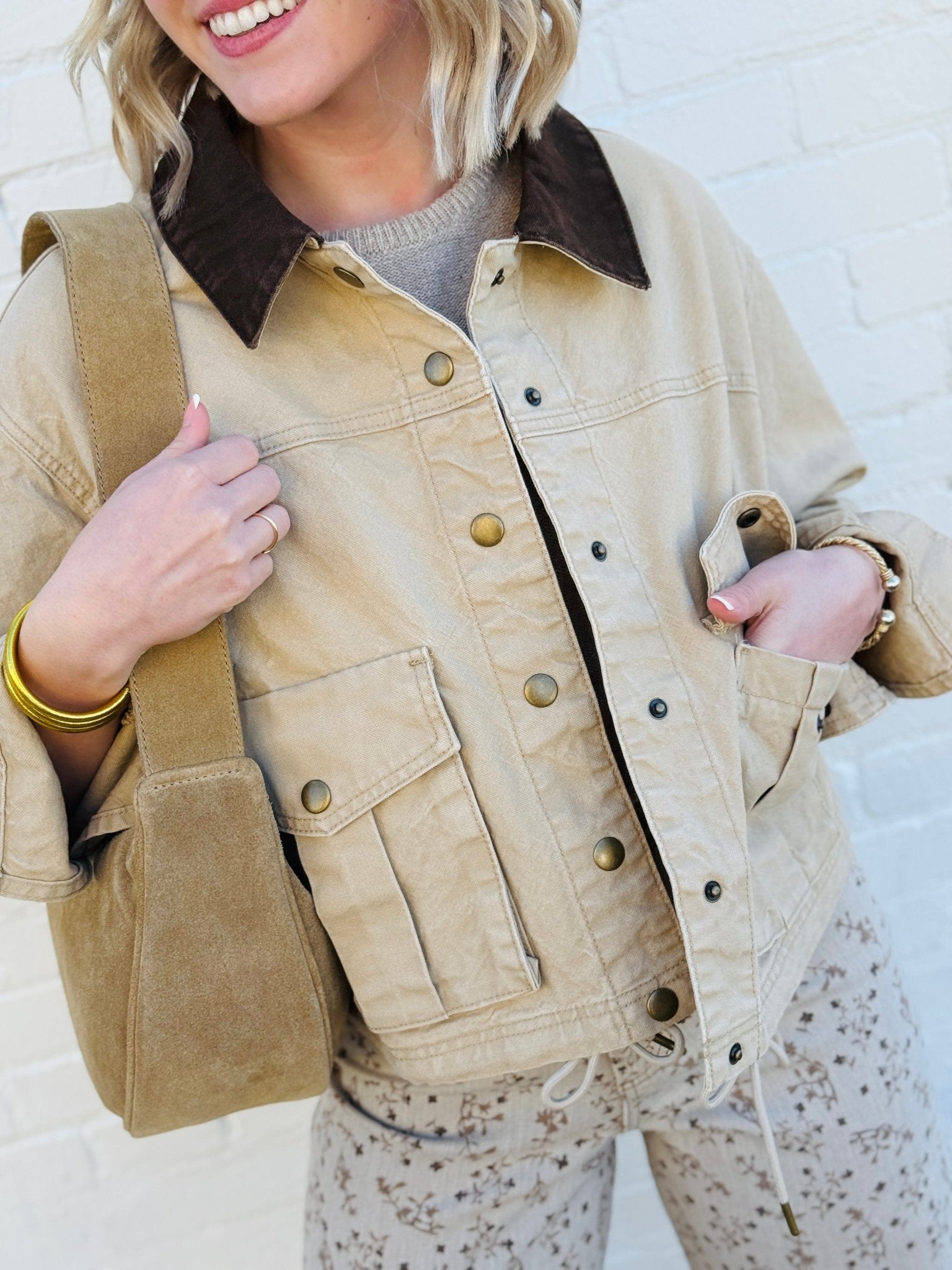 Collar Contrast Utility Jacket In Beige - Infinity Raine