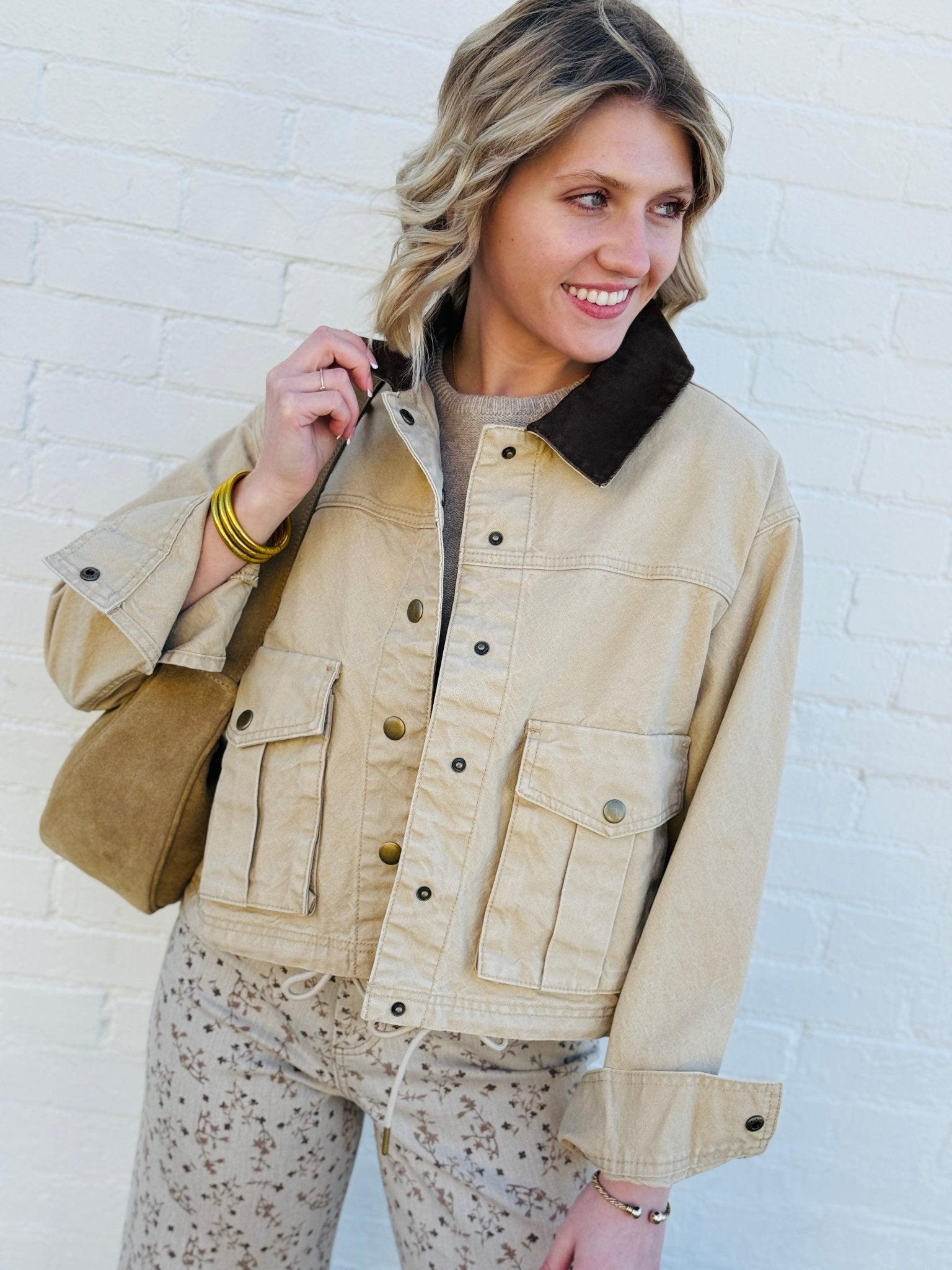 Collar Contrast Utility Jacket In Beige - Infinity Raine