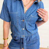 Collared Button Down Boxy Denim Top In Dark - Infinity Raine