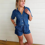Collared Button Down Boxy Denim Top In Dark - Infinity Raine