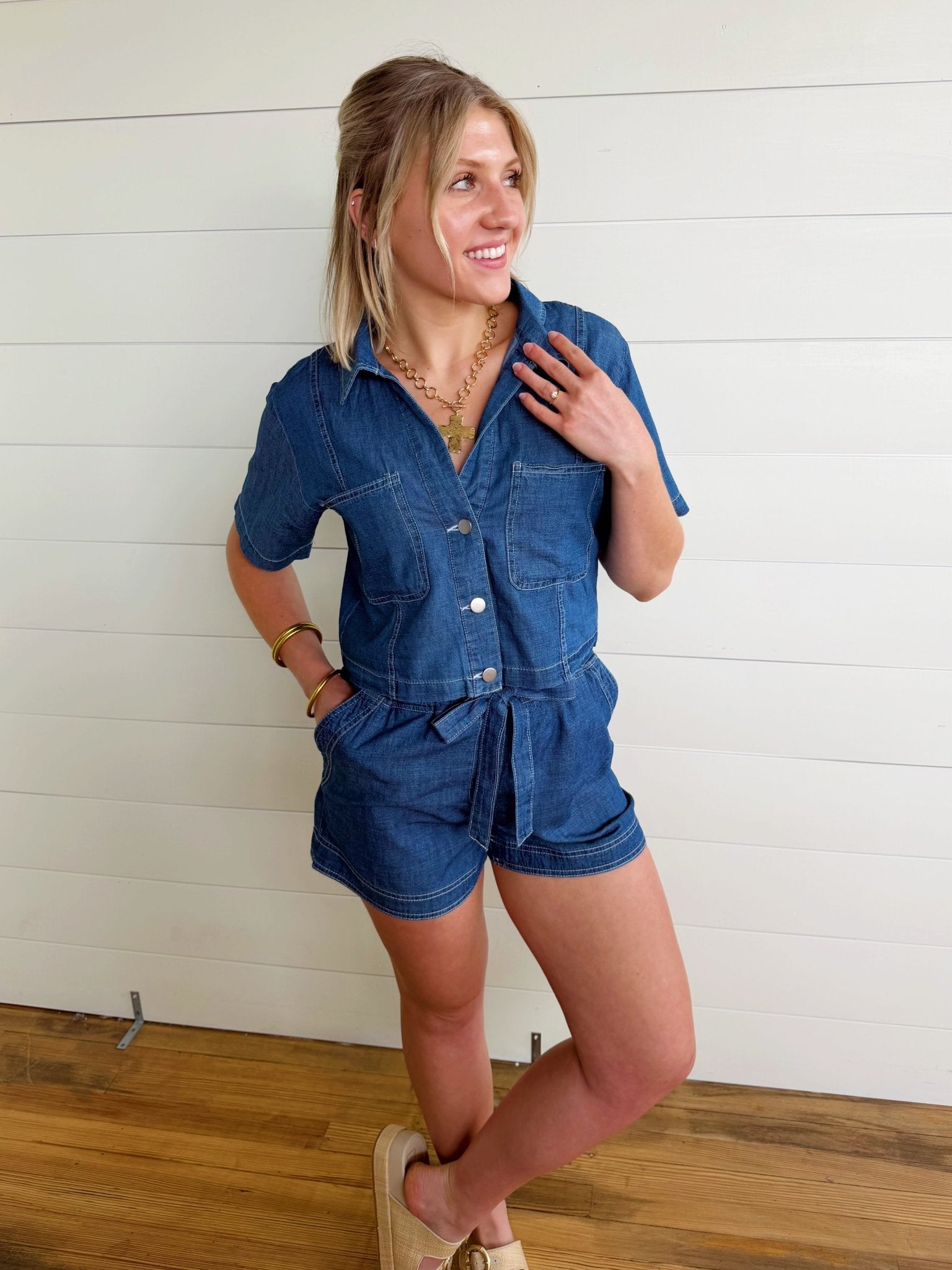 Collared Button Down Boxy Denim Top In Dark - Infinity Raine