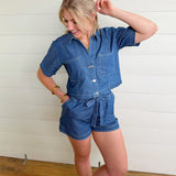 Collared Button Down Boxy Denim Top In Dark - Infinity Raine