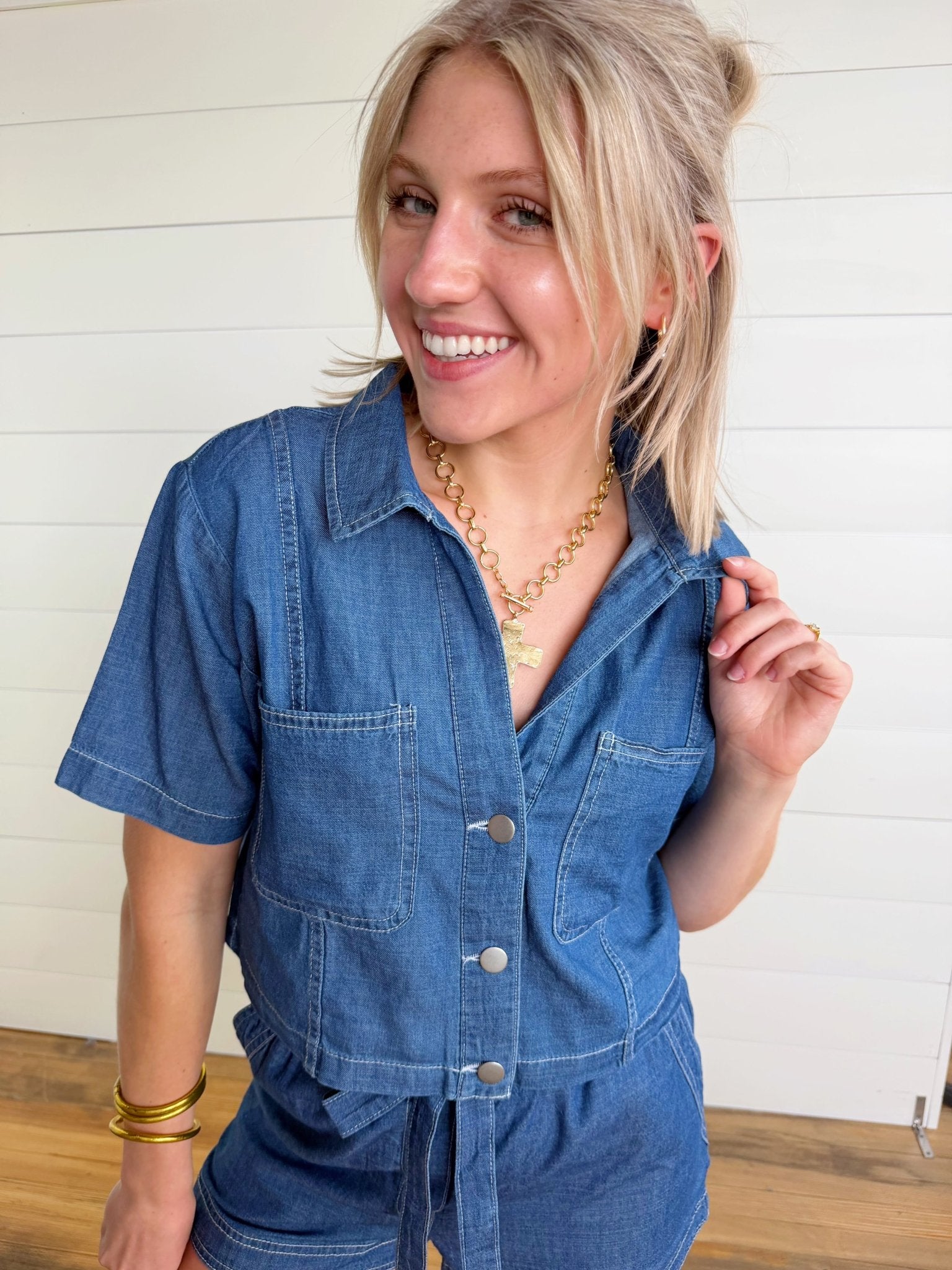 Collared Button Down Boxy Denim Top In Dark - Infinity Raine