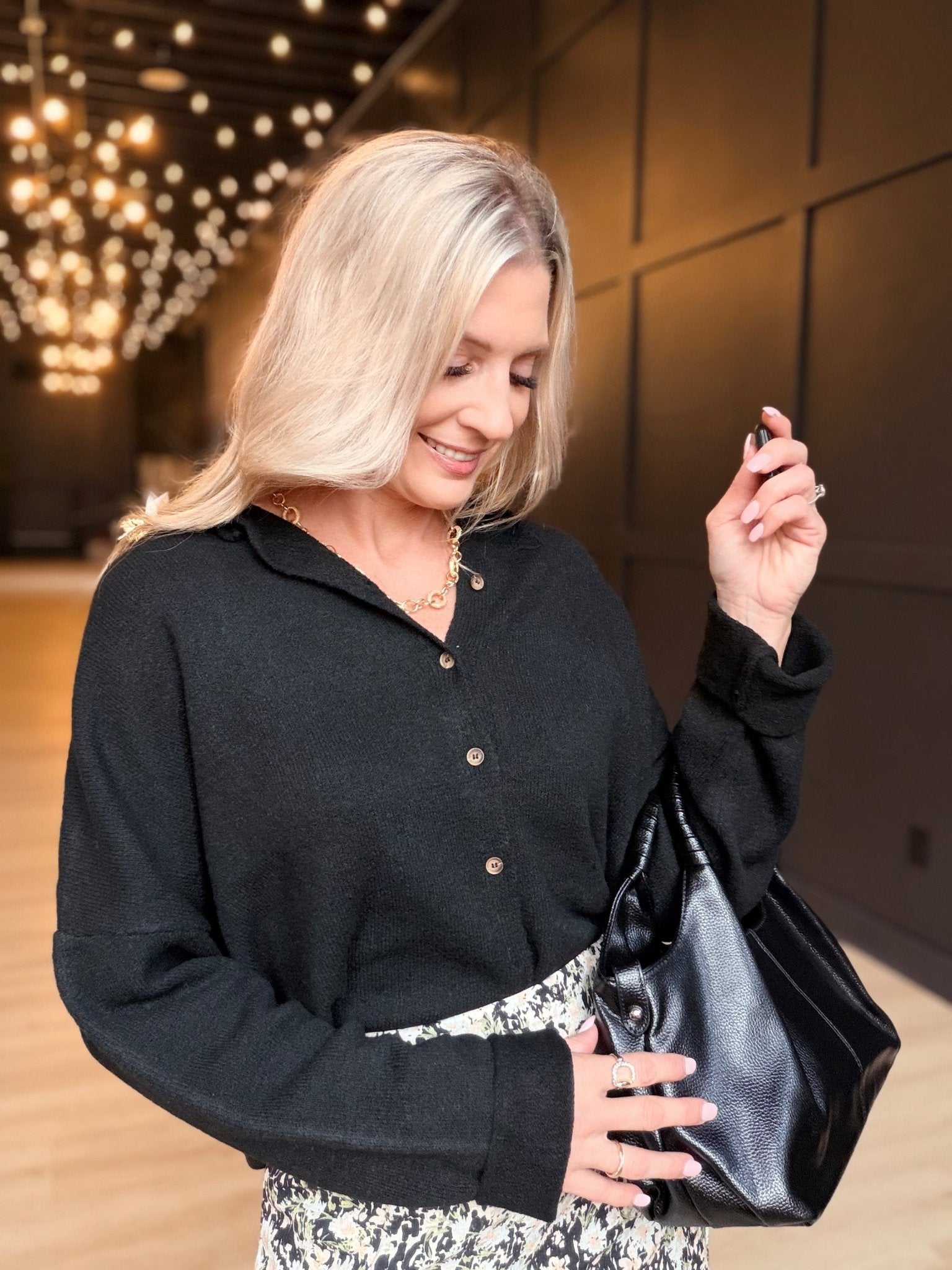 Collared Button Down Cardigan Sweater in Black - Infinity Raine