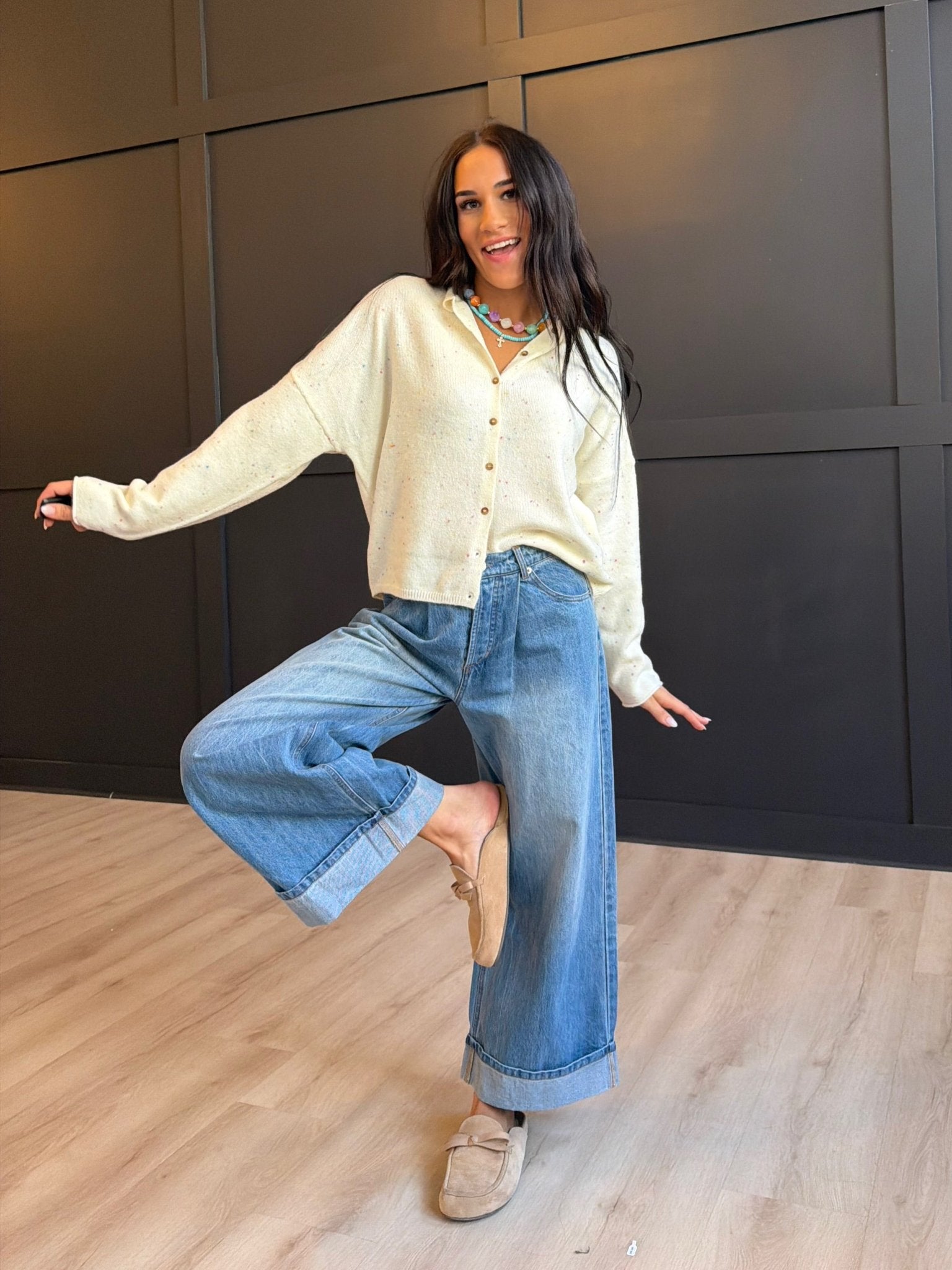 Collared Button Down Cardigan Sweater In Cream - Infinity Raine