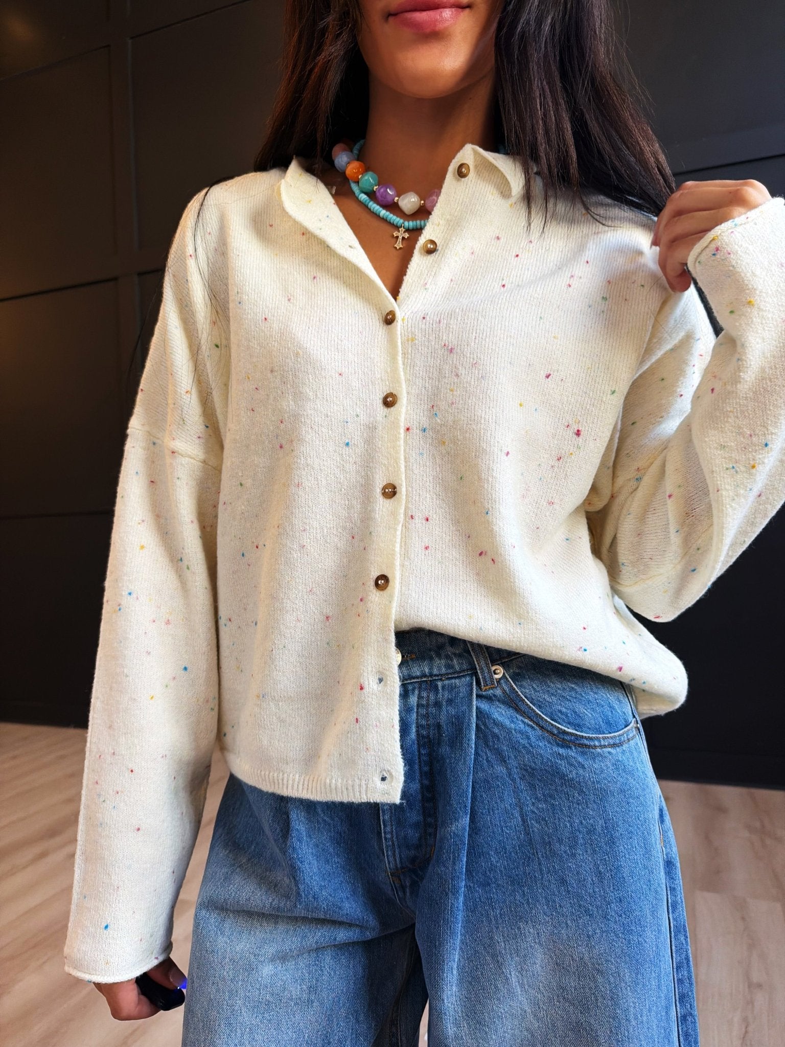 Collared Button Down Cardigan Sweater In Cream - Infinity Raine