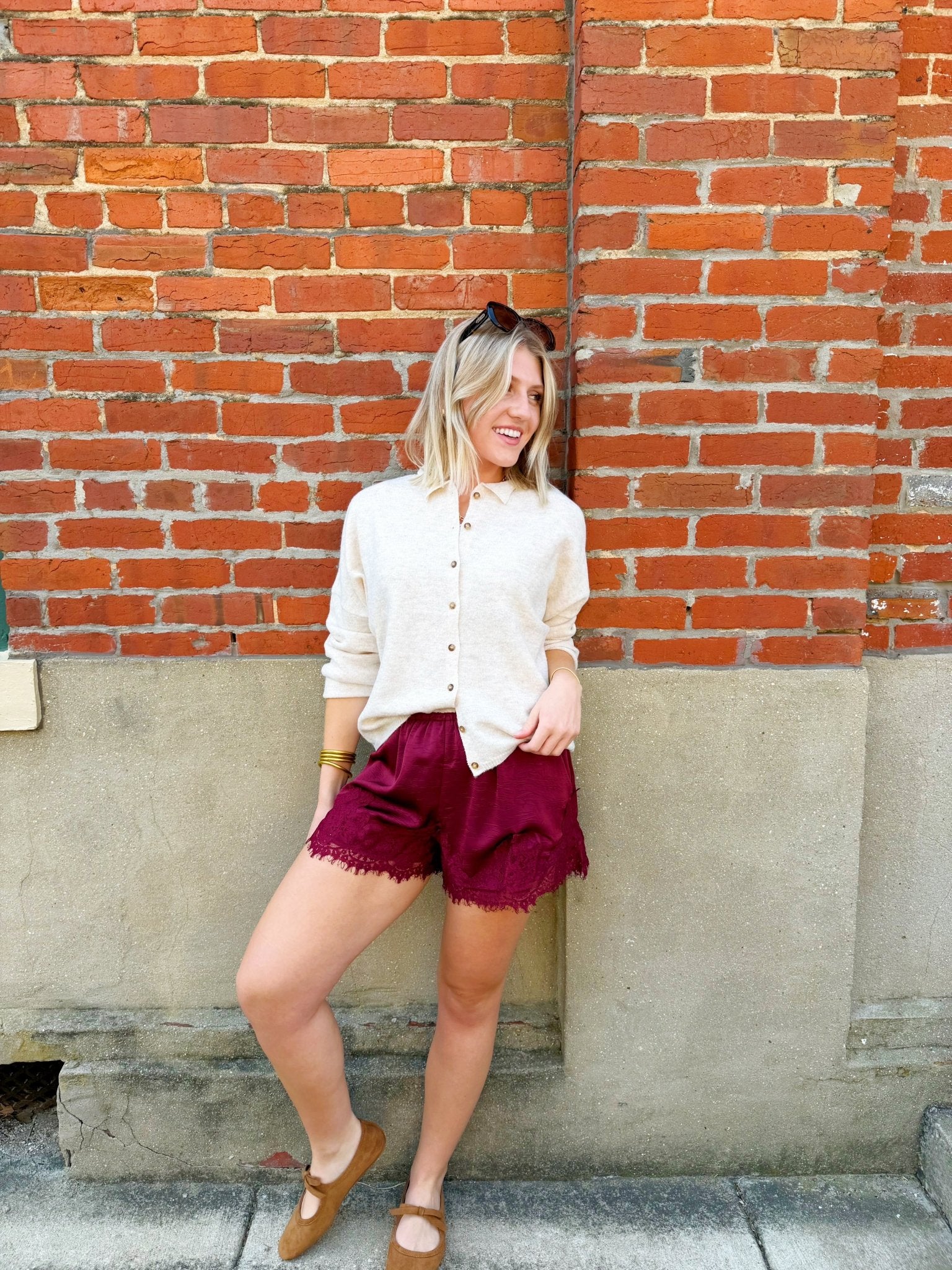 Crinckled Satin Lace Hem Shorts In Wine - Infinity Raine