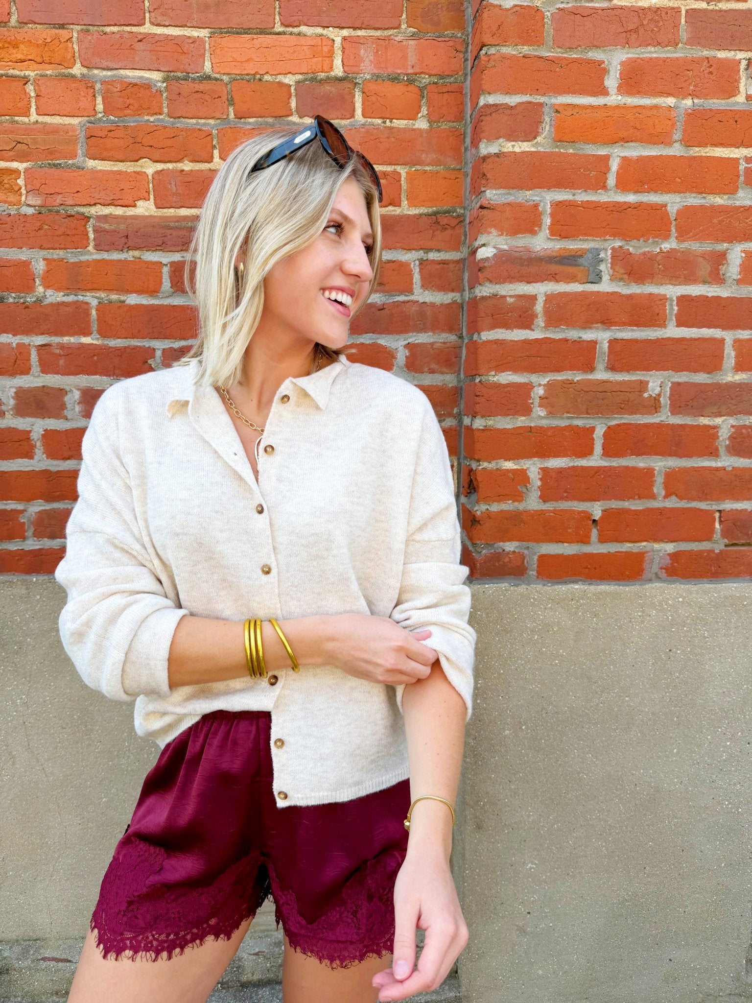Collared Button Down Cardigan Sweater In H Beige - Infinity Raine