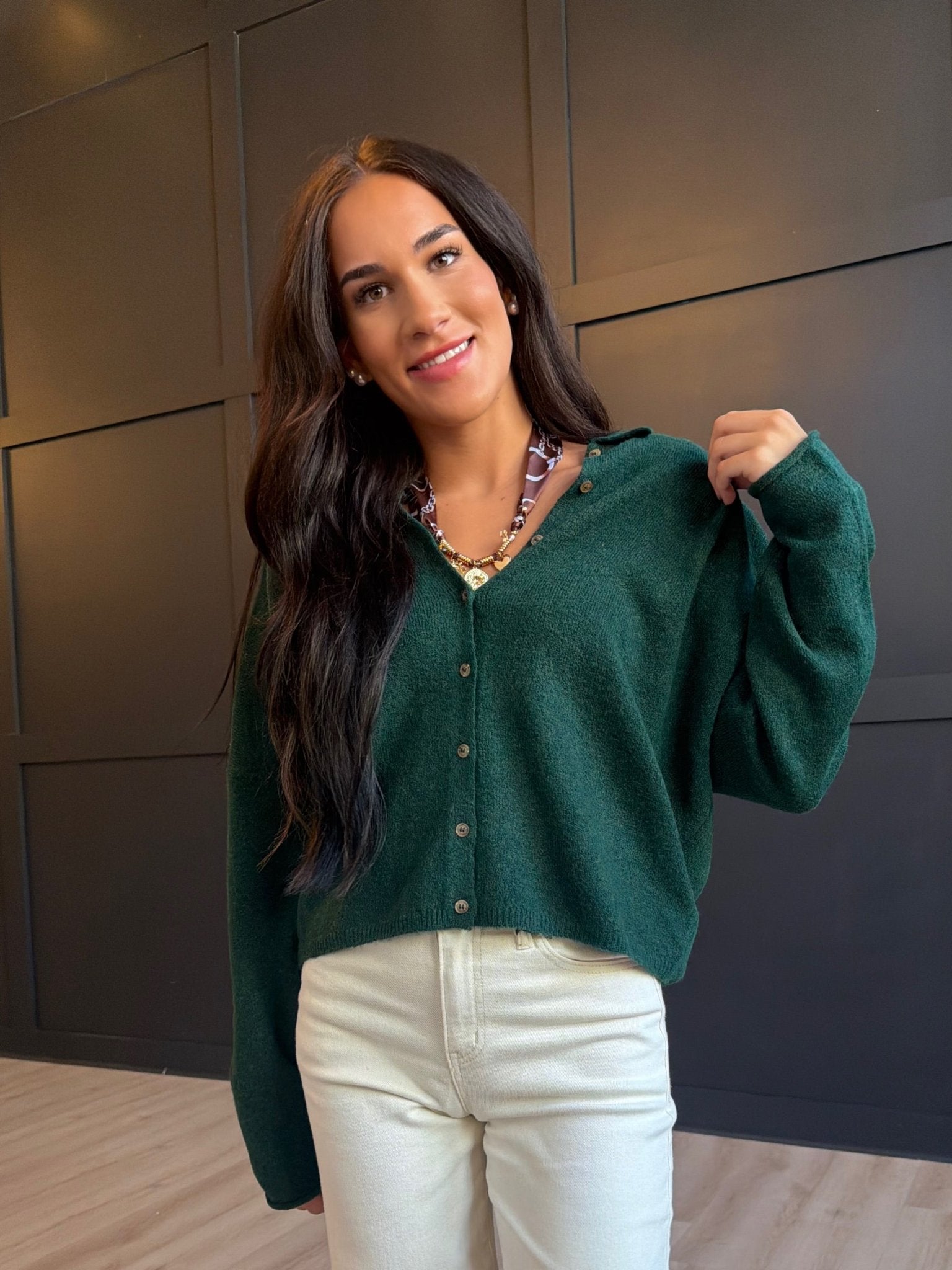 Collared Button Down Cardigan Sweater in Hunter Green - Infinity Raine