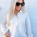 Collared Half Snap Button Long Sleeve Knit Top In Cream - Infinity Raine