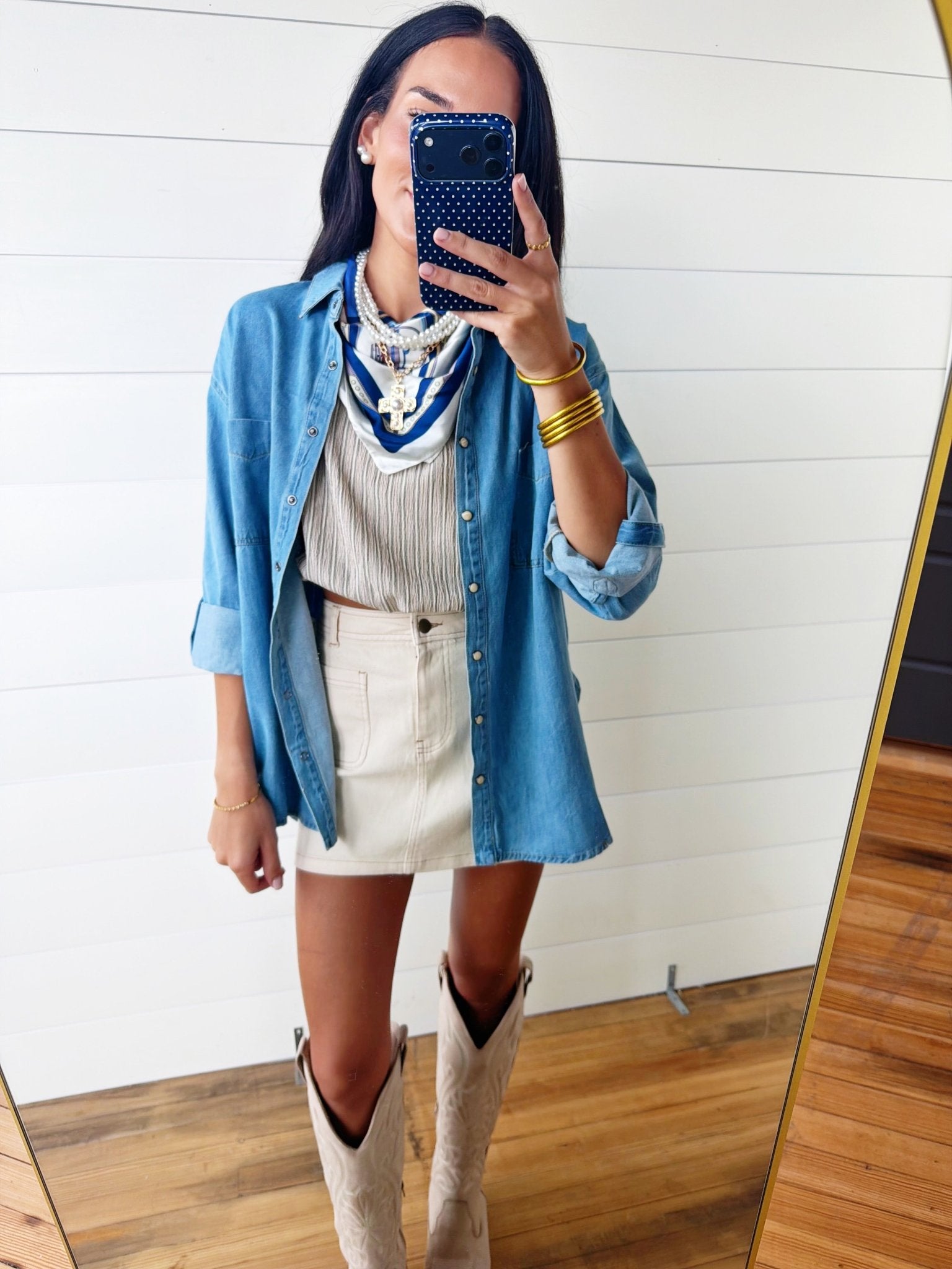 Collared Pearl Snap Western Denim Shacket - Infinity Raine