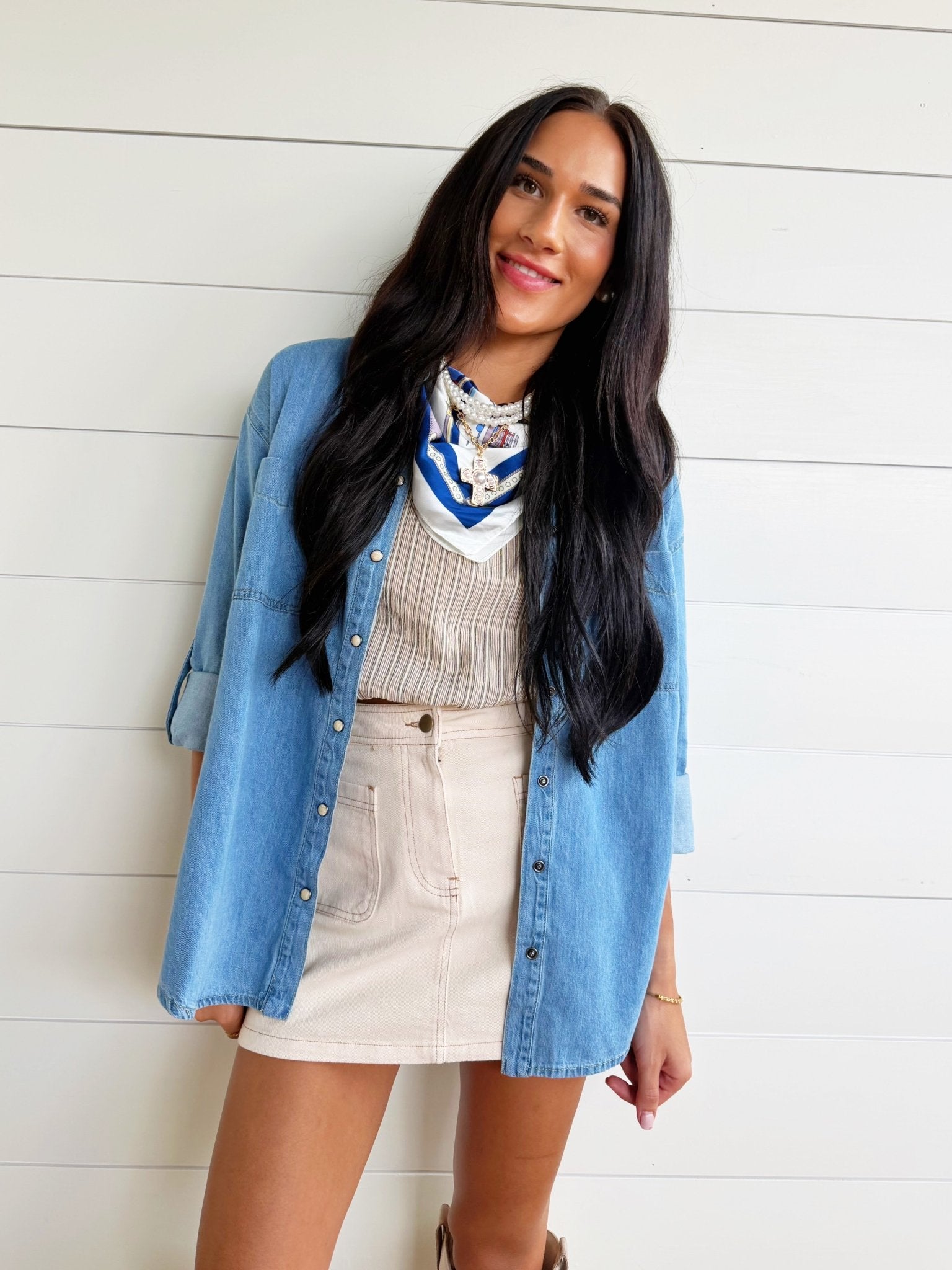 Collared Pearl Snap Western Denim Shacket - Infinity Raine
