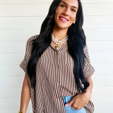 Collared Short Roll-Up Sleeve Button-Down Shirt In Brown - Infinity Raine