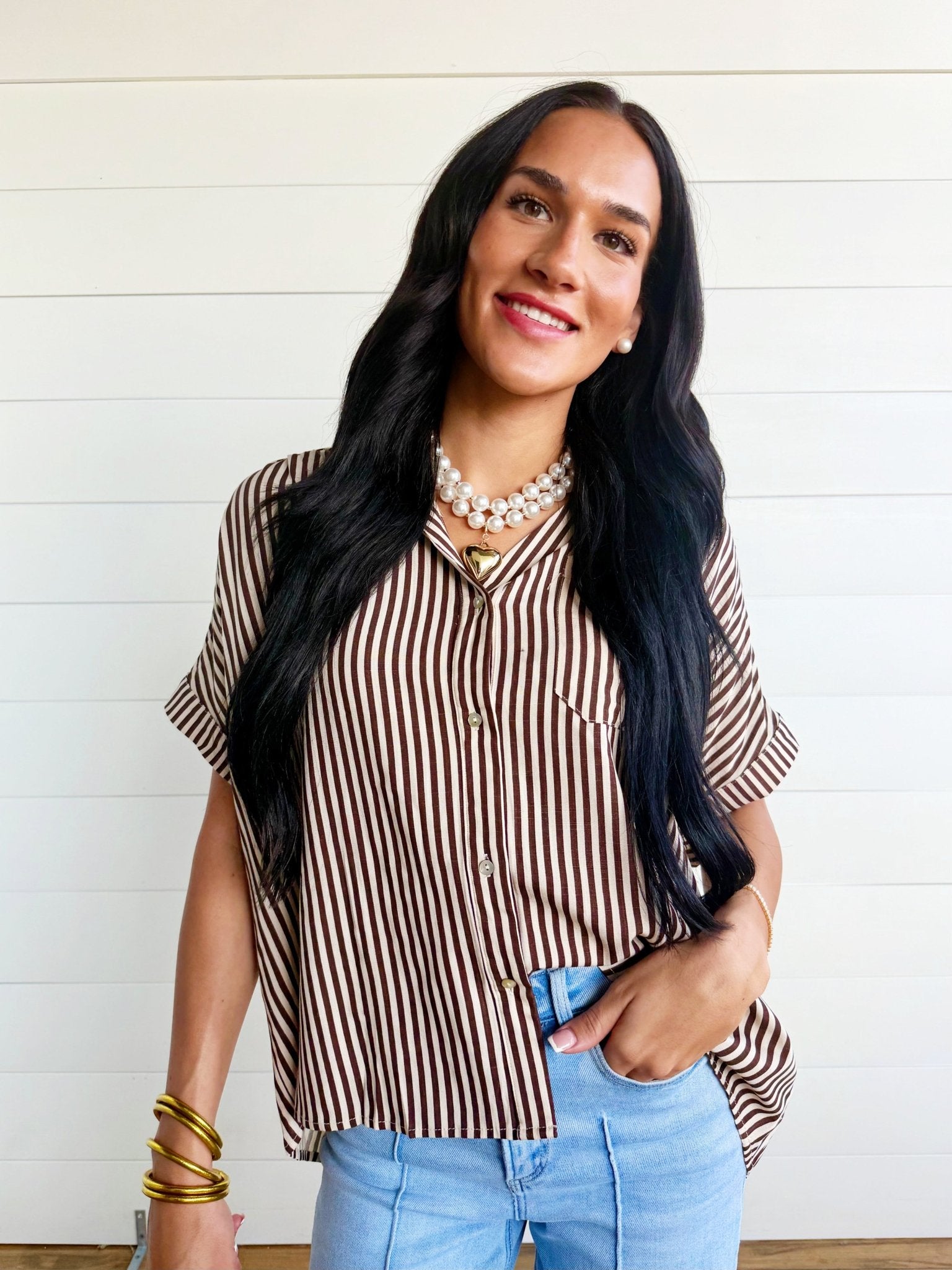Collared Short Roll-Up Sleeve Button-Down Shirt In Brown - Infinity Raine