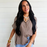 Collared Short Roll-Up Sleeve Button-Down Shirt In Brown - Infinity Raine