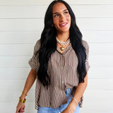 Collared Short Roll-Up Sleeve Button-Down Shirt In Brown - Infinity Raine
