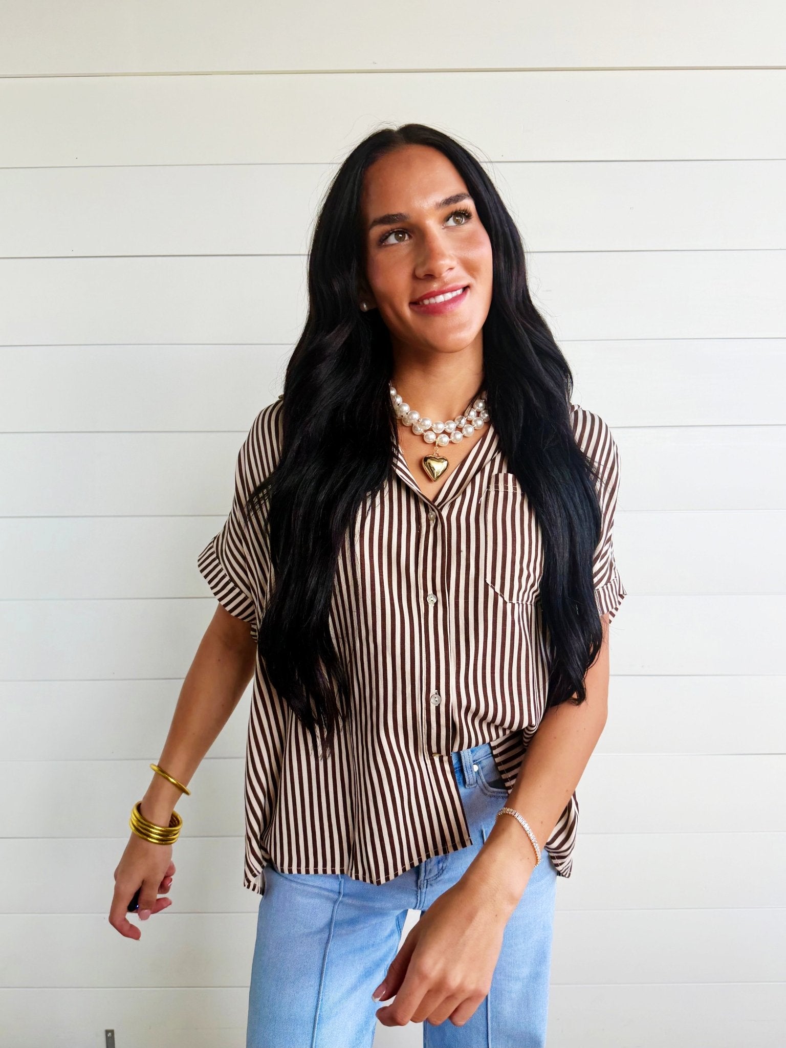 Collared Short Roll-Up Sleeve Button-Down Shirt In Brown - Infinity Raine
