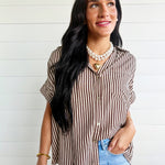 Collared Short Roll-Up Sleeve Button-Down Shirt In Brown - Infinity Raine