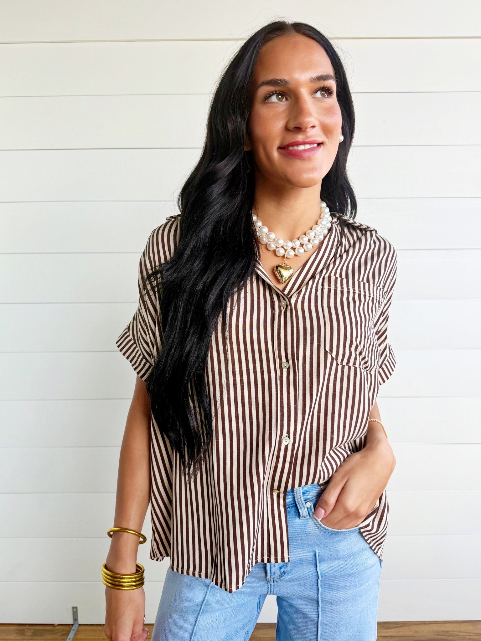 Collared Short Roll-Up Sleeve Button-Down Shirt In Brown - Infinity Raine