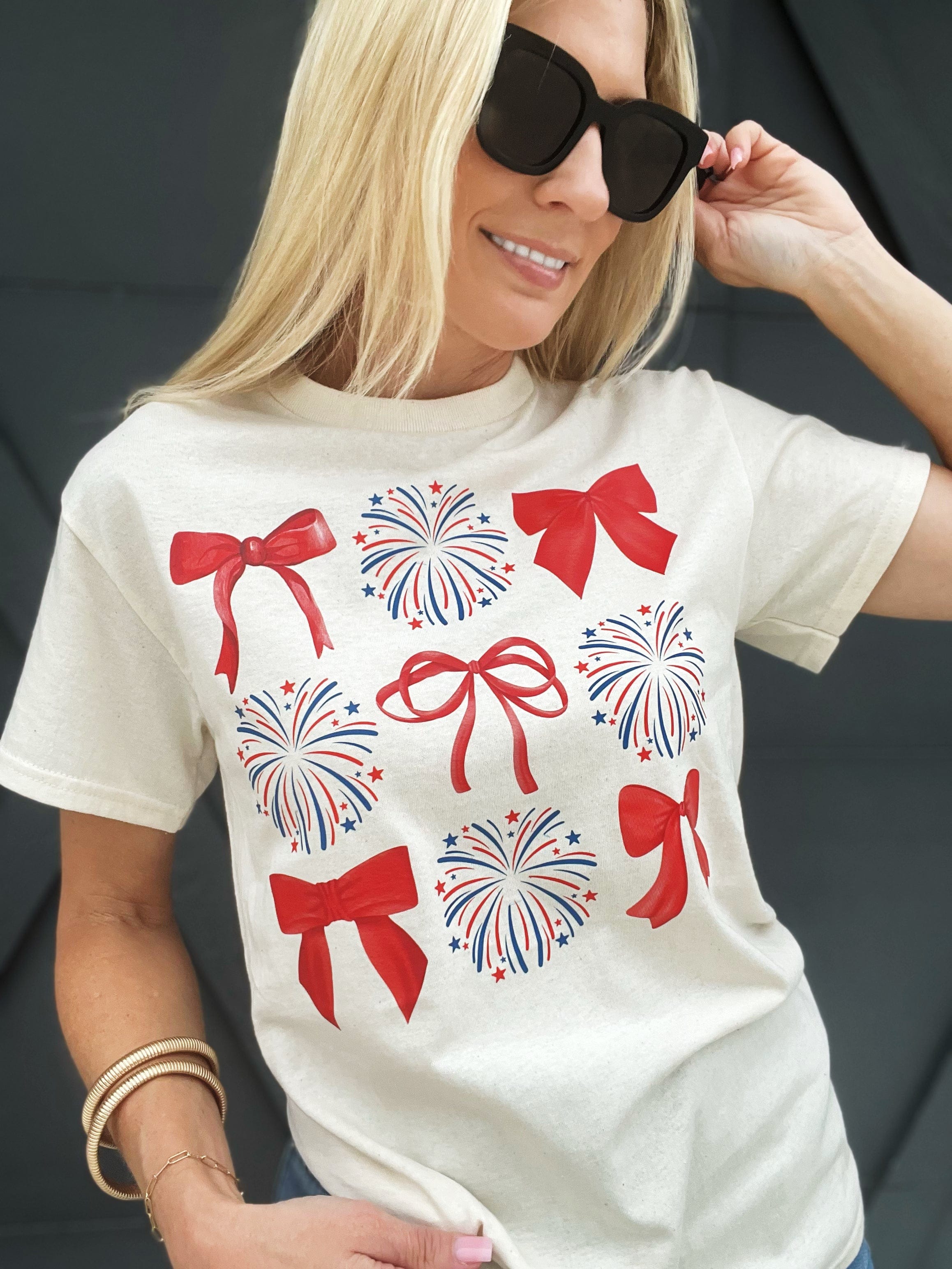 Fireworks And Bows Graphic Tee In Natural - Infinity Raine