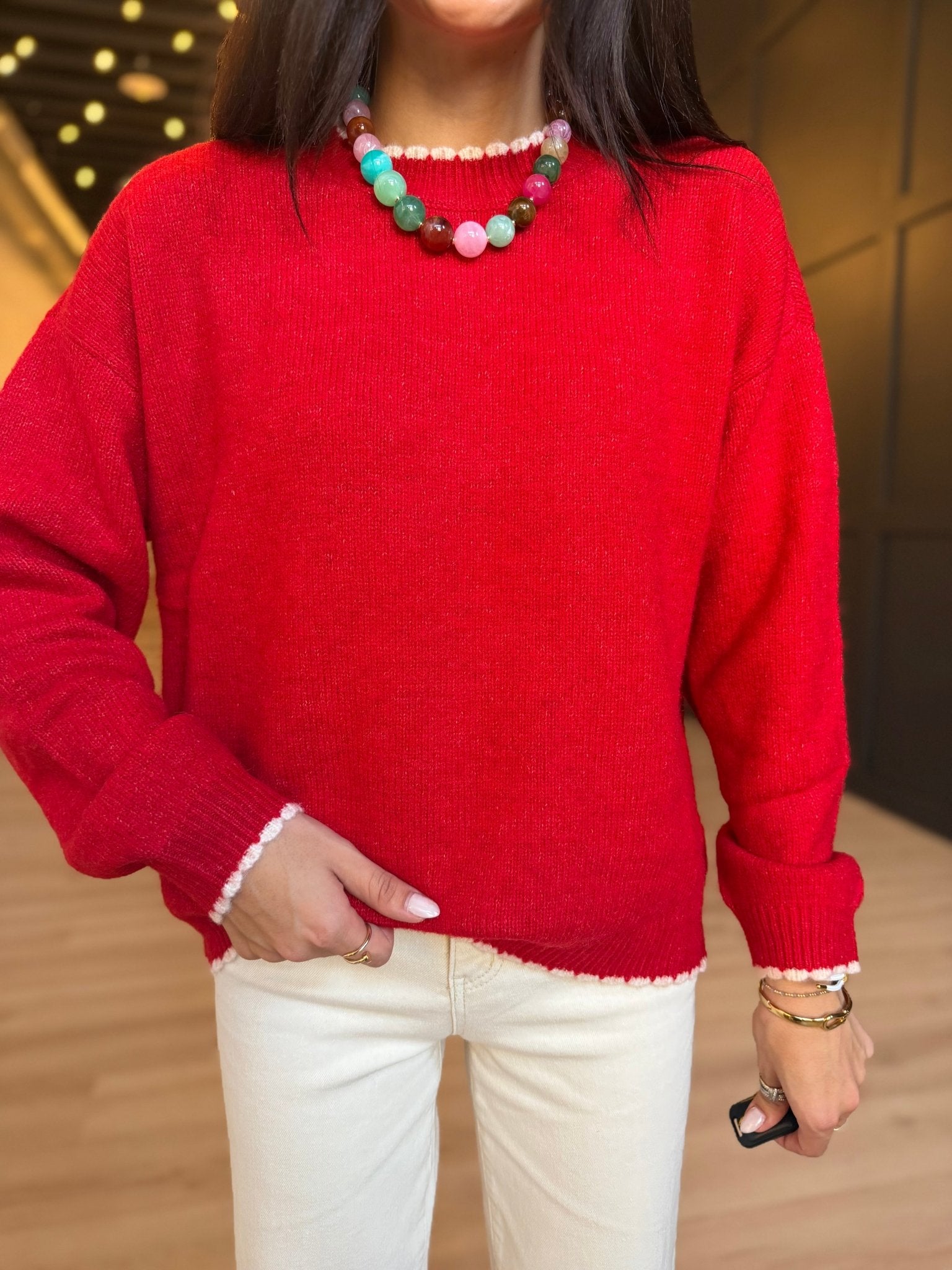 Contrast Edge Crew Neck Long Sleeve Pullover In Red - Infinity Raine