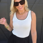 Contrast Piped Ribbed Knit Tank In White - Infinity Raine