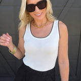 Contrast Piped Ribbed Knit Tank In White - Infinity Raine