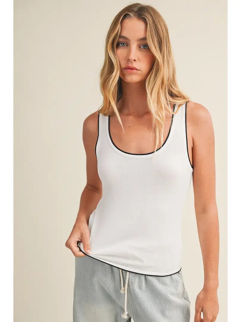 Contrast Piped Ribbed Knit Tank In White - Infinity Raine