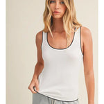 Contrast Piped Ribbed Knit Tank In White - Infinity Raine