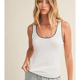 Contrast Piped Ribbed Knit Tank In White - Infinity Raine