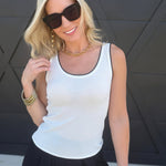 Contrast Piped Ribbed Knit Tank In White - Infinity Raine