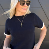 Contrast Scallop Trim Knit Top In Navy - Infinity Raine