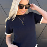 Contrast Scallop Trim Knit Top In Navy - Infinity Raine