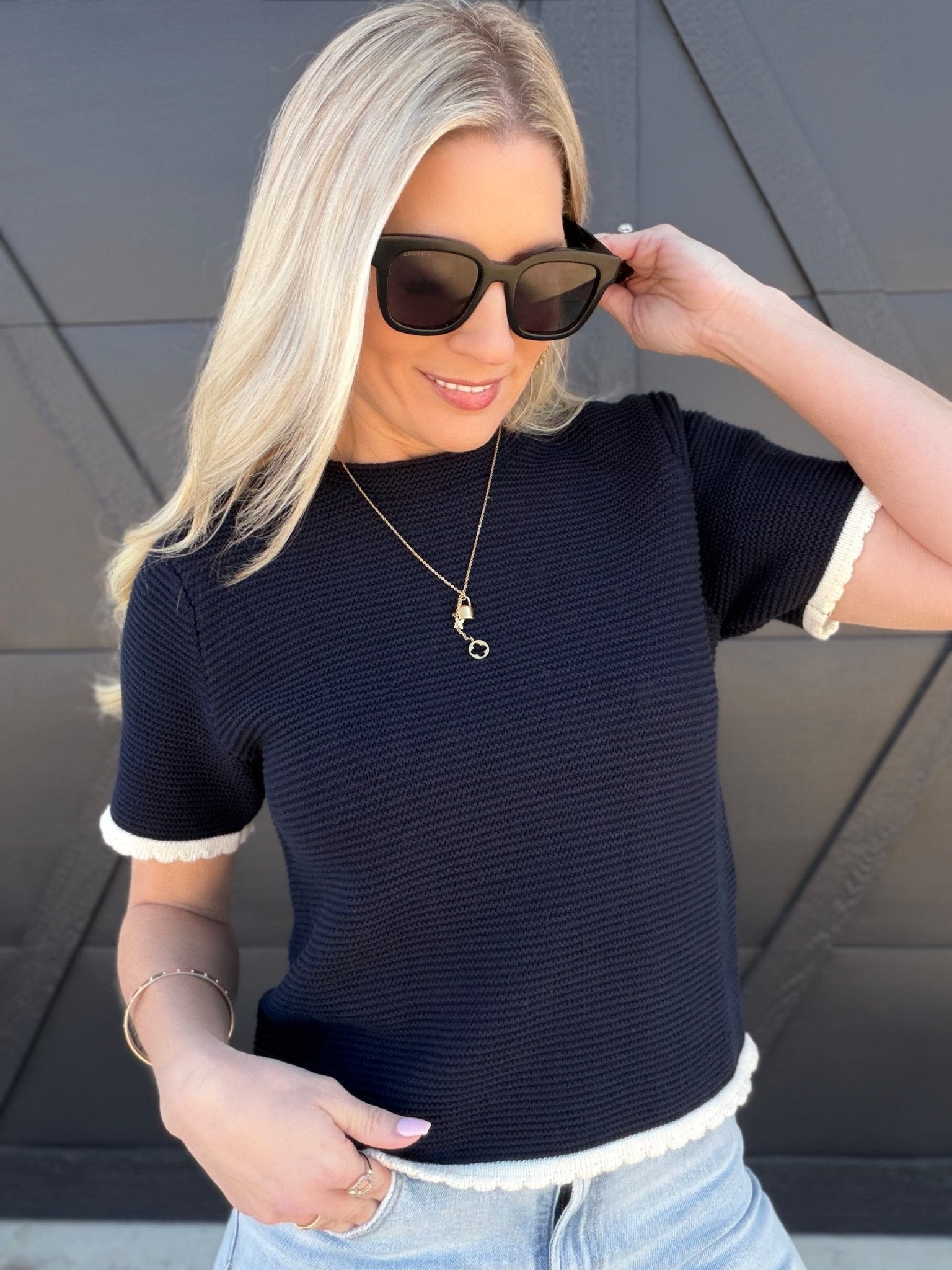 Contrast Scallop Trim Knit Top In Navy - Infinity Raine