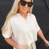 Contrast Stitch Drop Shoulder Cuff Sleeve Knit Top In Ivory - Infinity Raine