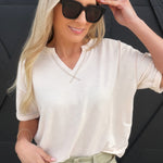 Contrast Stitch Drop Shoulder Cuff Sleeve Knit Top In Ivory - Infinity Raine