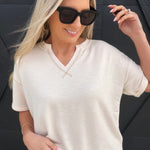 Contrast Stitch Drop Shoulder Cuff Sleeve Knit Top In Ivory - Infinity Raine