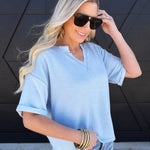 Contrast Stitch Drop Shoulder Cuff Sleeve Knit Top In Light Blue - Infinity Raine