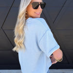 Contrast Stitch Drop Shoulder Cuff Sleeve Knit Top In Light Blue - Infinity Raine