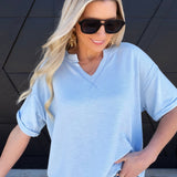 Contrast Stitch Drop Shoulder Cuff Sleeve Knit Top In Light Blue - Infinity Raine