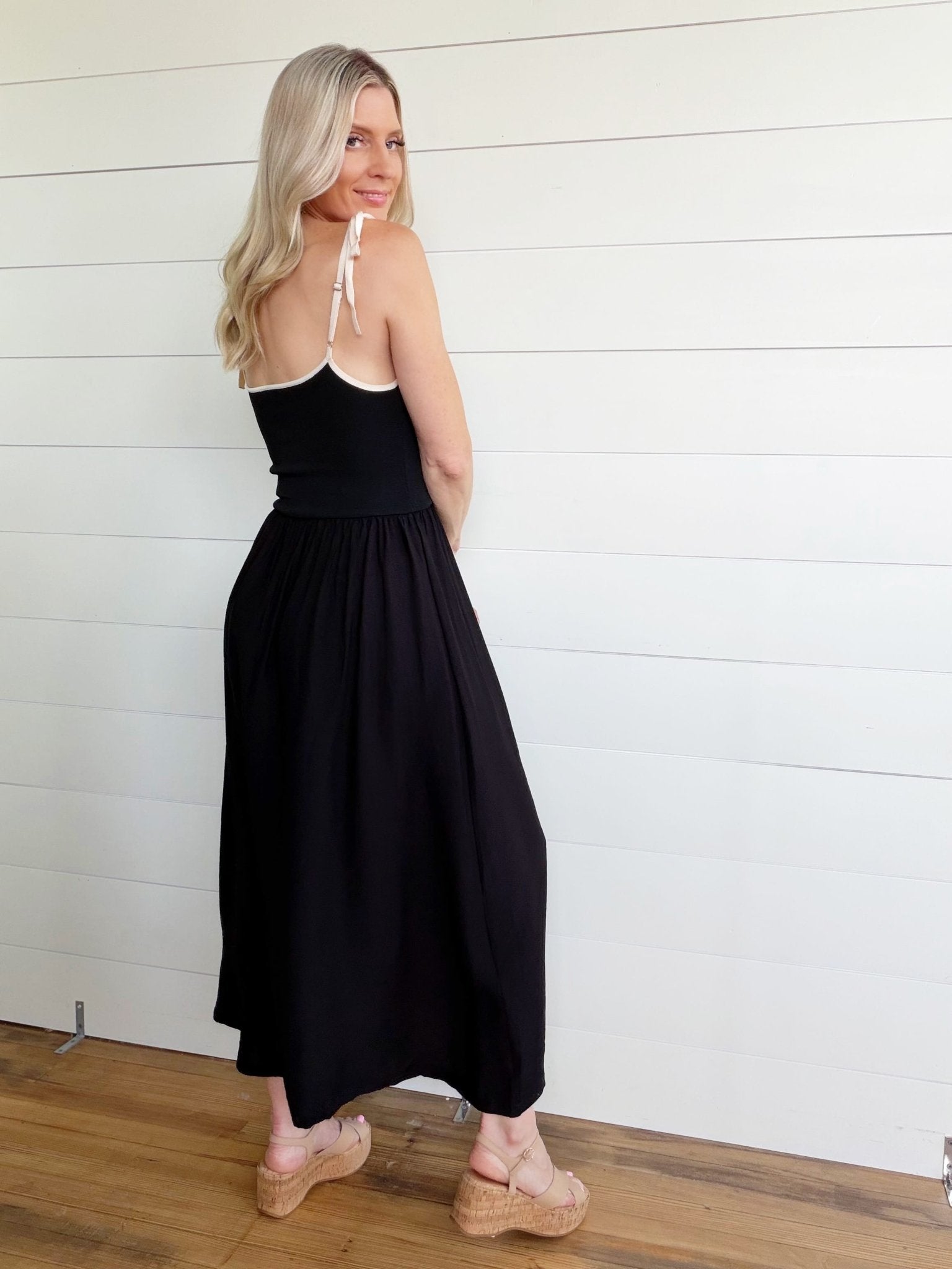Contrast Tie Spaghetti Strap Mix Media Dress In Black – Infinity Raine