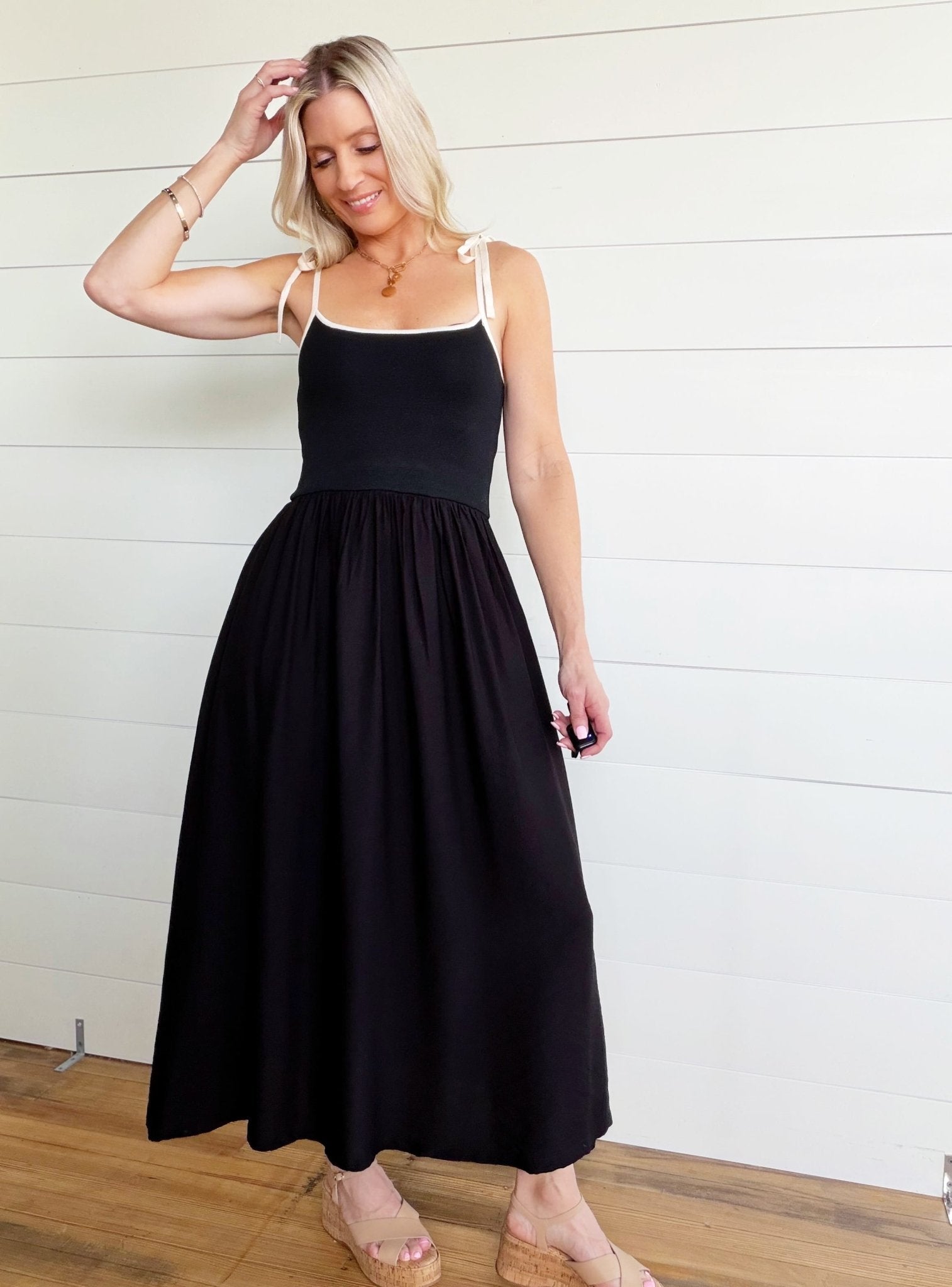 Contrast Tie Spaghetti Strap Mix Media Dress In Black L Contrast Tie Spaghetti Strap Mix Media Dress In Black L